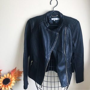 Calvin Klein | Black Faux Leather Jacket | Moto Biker Style | Gold Zippers | XS